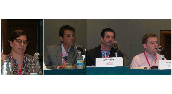 Note: Photos, left to right: Andrea Collaro, director of private brands — OTC for Walgreen Co.; Rodrigo Korenblit Olave, manager of private label for Cencosud S.A.; Jay Warner, store brand category manager for Good Neighbor Pharmacy/AmerisourceBergen Corp.; and Adam Swallow, senior brand manager for Walgreens Boots Alliance