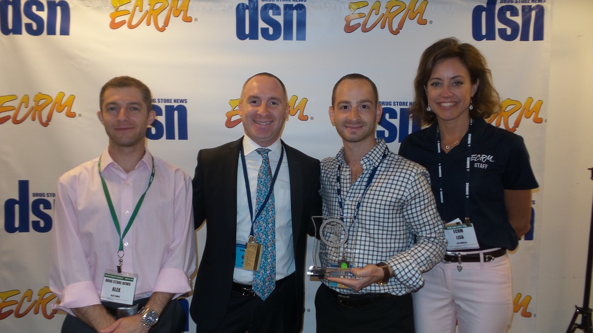 From L: DSN's Alex Tomas, New Product Award Finalist Global Beauty Care's Albert Savdie and Jack Savdie, ECRM's Lisa Carrillo