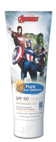 Pure Sun Defense lotion featuring Marvel box office smash "Avengers: Age of Ultron" characters