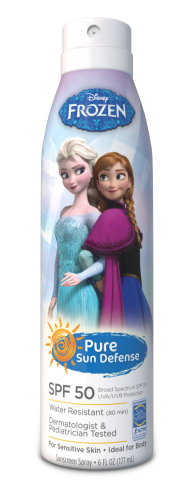 Pure Sun Defense spray featuring Disney "Frozen" characters Anna and Elsa.