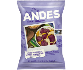 Andes Veggie Chips Classic Mix by Inka Crops S.A. Selected root vegetables coming from the Andean, Coast and Jungle of Peru.