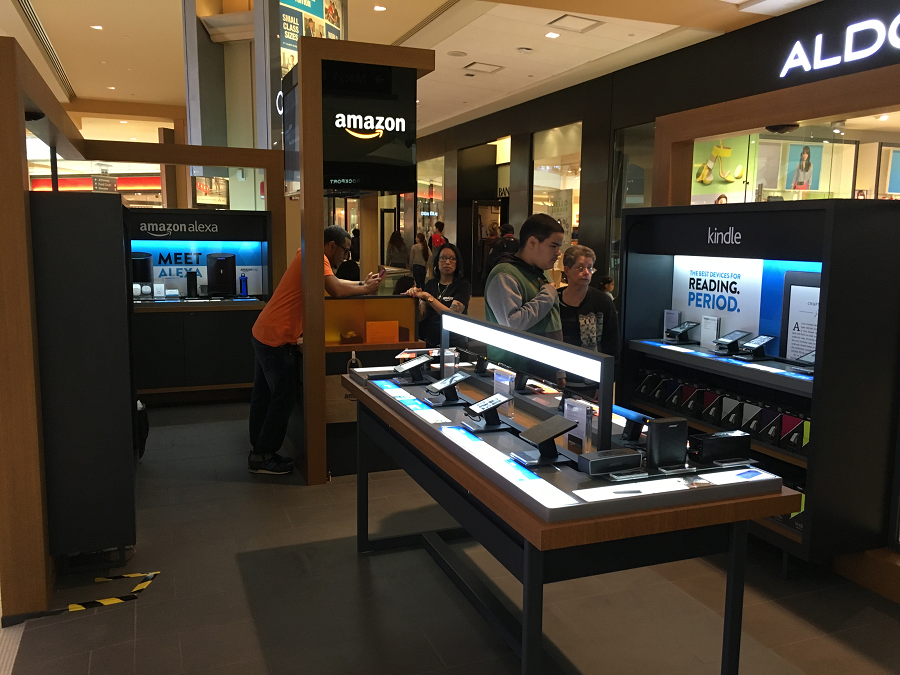 The Amazon Pop-Up shop just opened earlier this month in a prime spot on the street level of the mall.