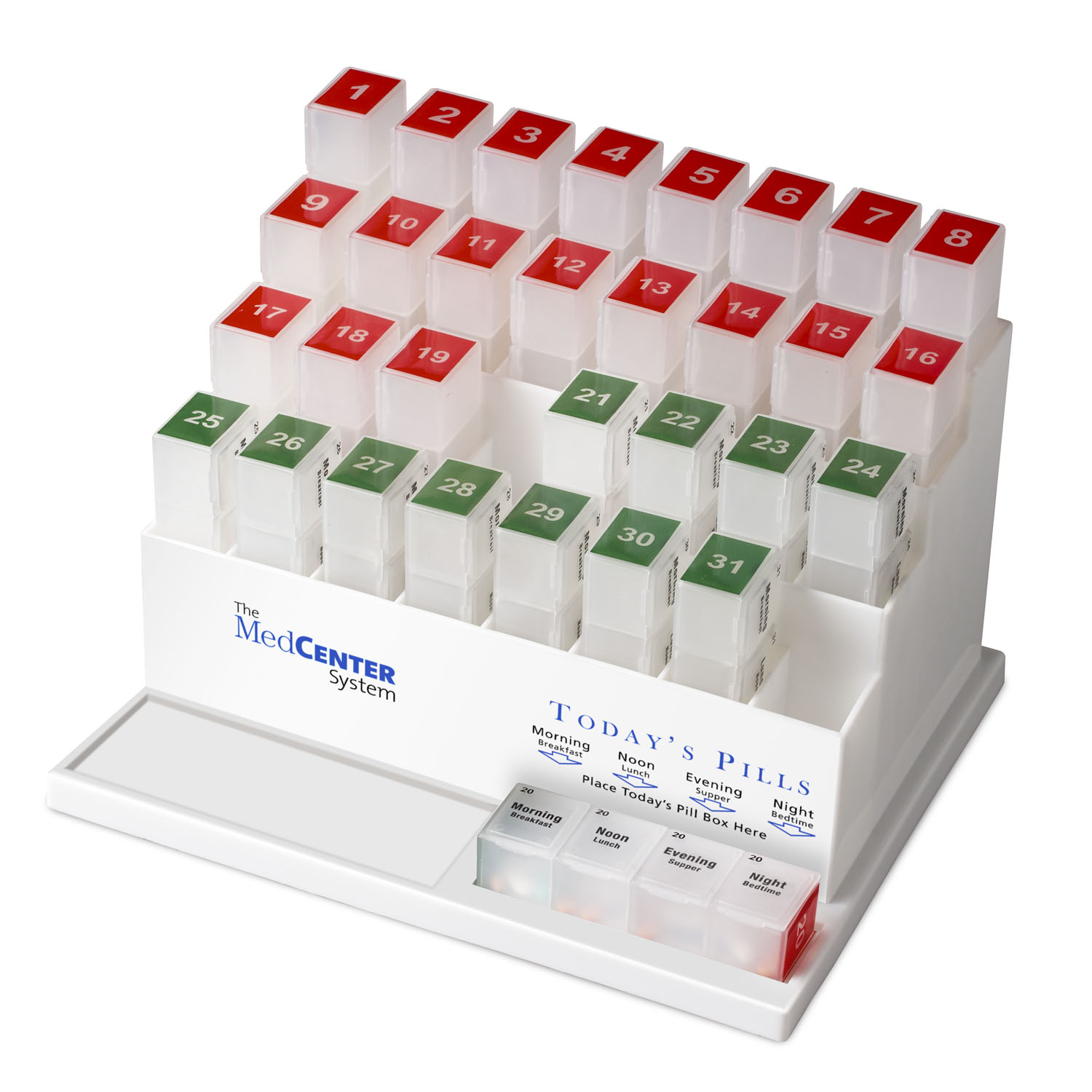 Organize a full month's worth of medication with 31, 4 dose pill boxes by MedCenter Sytems LLC