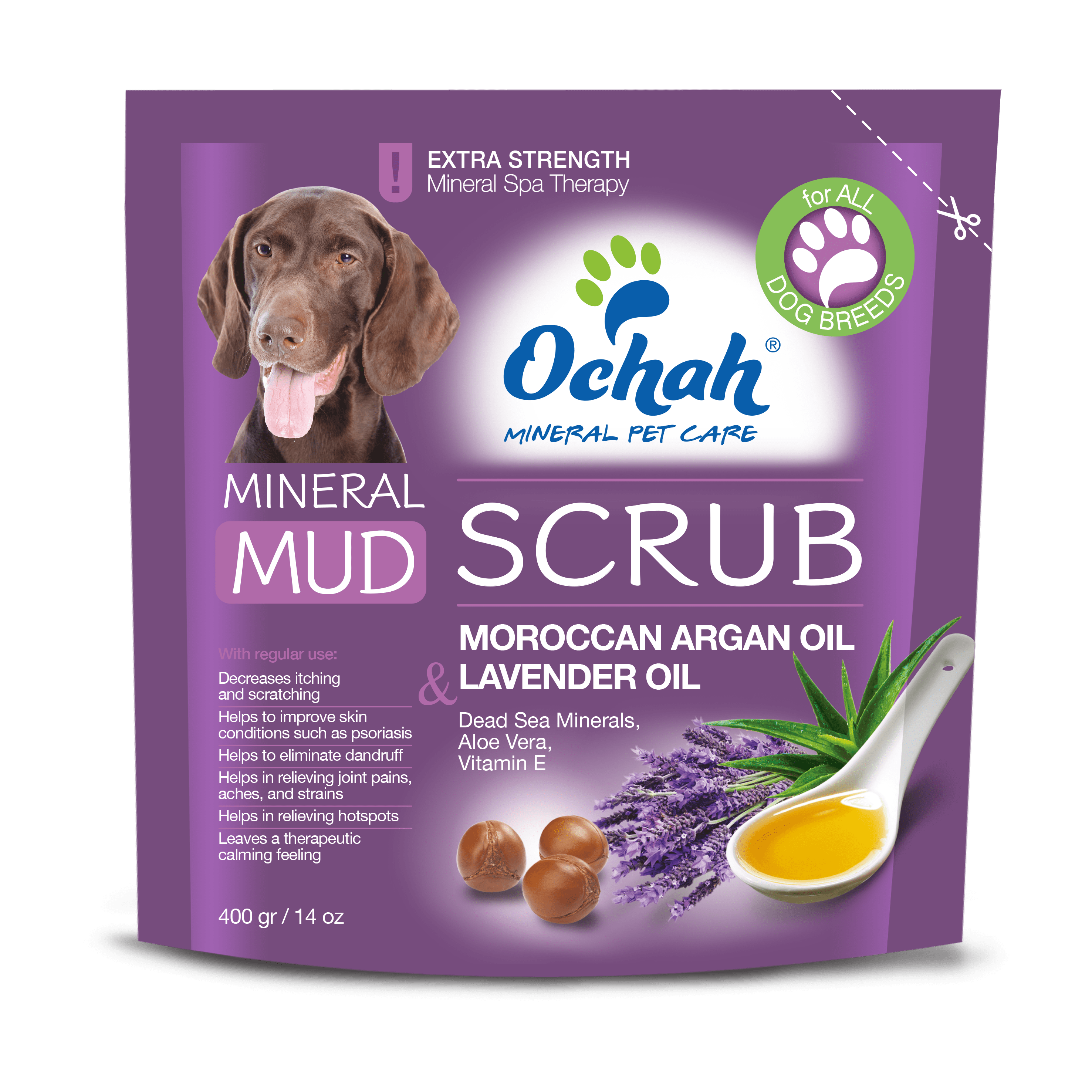 Mineral mud scrub with natural moroccan argan oil, lavender oil, dead sea mineral, aloe vera & vitamin E by Ochah Mineral Pet