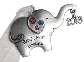 Pewter baby elephant ornament with dated charm by Gloria Duchin