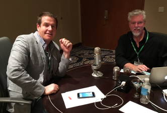 Make48's Tom Gray (left) with TLB Consulting's Timothy Bush recording the podcast on location at ECRM's Impulse, Front-End & Checklane EPPS